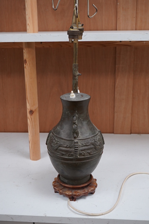 A Chinese archaistic bronze vase mounted as a table lamp, 62cm total